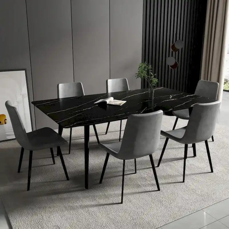 Table à manger rectangulaire 180 cm Plateau en pierre frittée effet marbre Châssis en acier carbone Capacité 360 kg 6-8 places Pieds réglables Noir Blanc