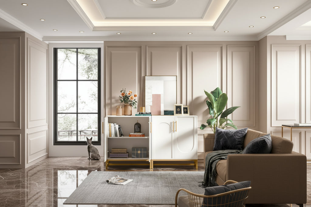 Buffet de rangement avec 4 portes et étagères réglables, cadre en métal, style moderne pour salon, cuisine, salle à manger