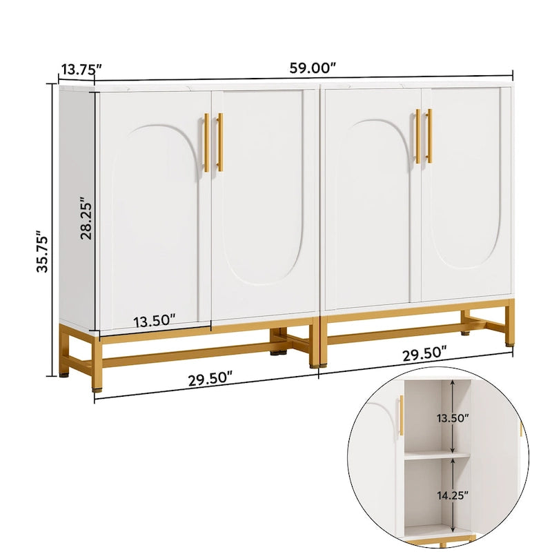 Buffet de rangement avec 4 portes et étagères réglables, cadre en métal, style moderne pour salon, cuisine, salle à manger