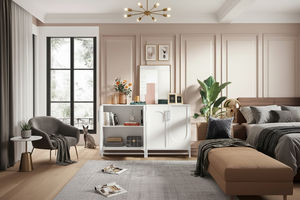 Buffet de rangement avec 4 portes et étagères réglables, cadre en métal, style moderne pour salon, cuisine, salle à manger