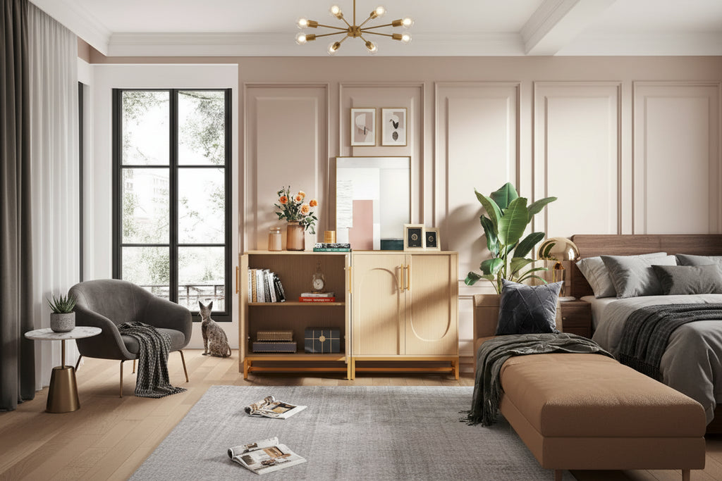 Buffet de rangement avec 4 portes et étagères réglables, cadre en métal, style moderne pour salon, cuisine, salle à manger
