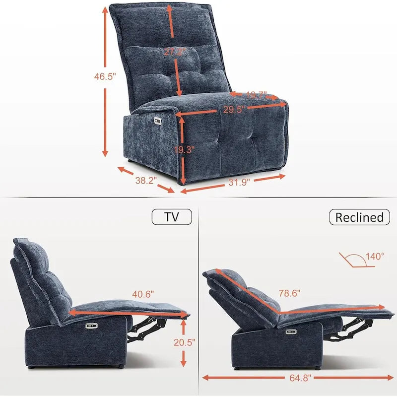 Fauteuil inclinable électrique sans accoudoirs, ports USB-A et C, dégagement mural de 8,9 cm, inclinaison à 140°, 145 kg, 5 couleurs