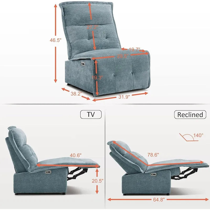 Fauteuil inclinable électrique sans accoudoirs, ports USB-A et C, dégagement mural de 8,9 cm, inclinaison à 140°, 145 kg, 5 couleurs