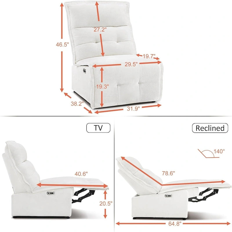 Fauteuil inclinable électrique sans accoudoirs, ports USB-A et C, dégagement mural de 8,9 cm, inclinaison à 140°, 145 kg, 5 couleurs