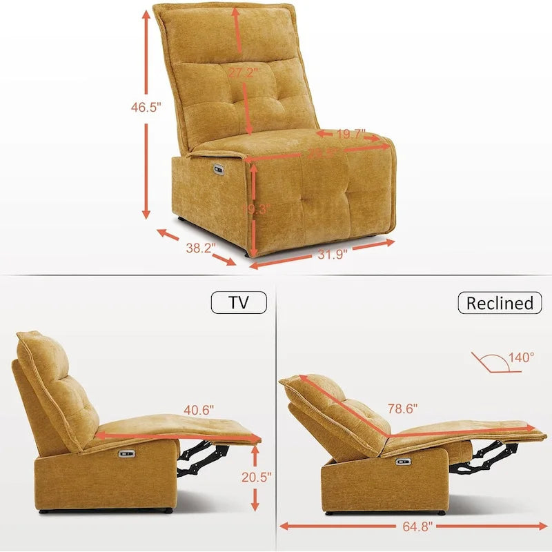 Fauteuil inclinable électrique sans accoudoirs, ports USB-A et C, dégagement mural de 8,9 cm, inclinaison à 140°, 145 kg, 5 couleurs