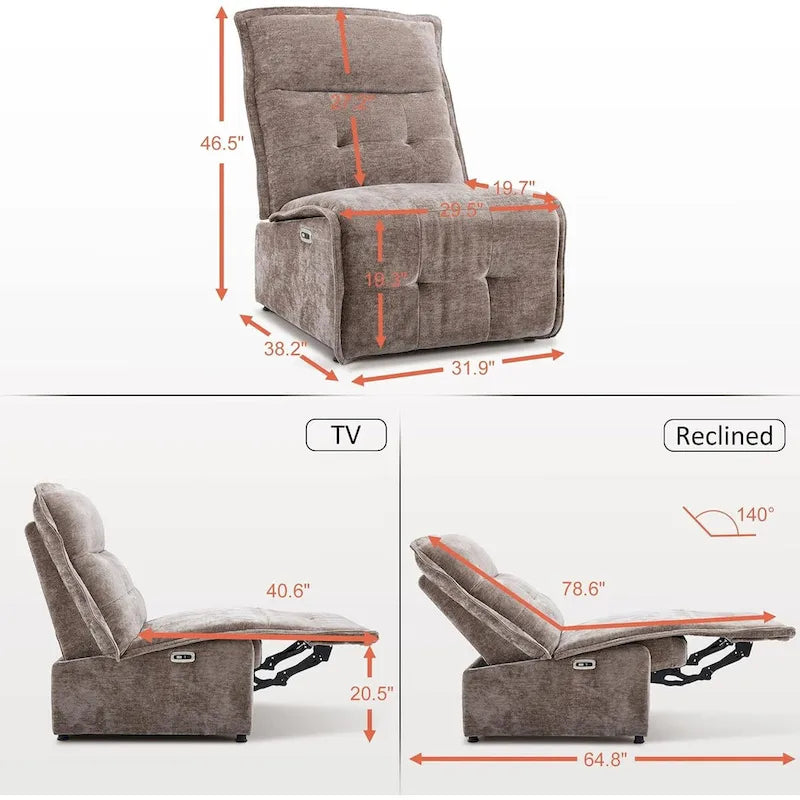 Fauteuil inclinable électrique sans accoudoirs, ports USB-A et C, dégagement mural de 8,9 cm, inclinaison à 140°, 145 kg, 5 couleurs