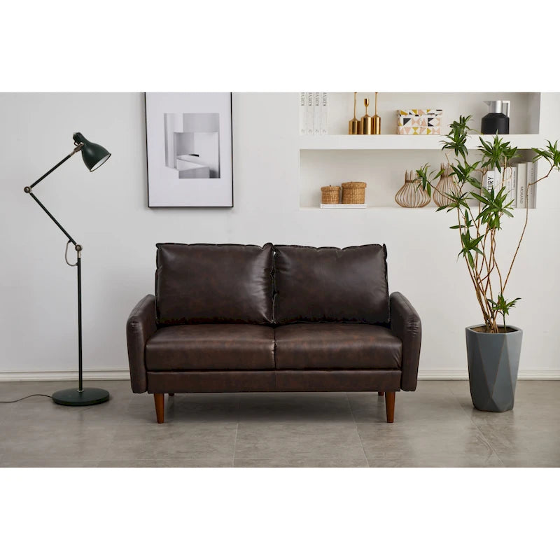 Causeuse en similicuir 58 po | Accoudoirs carrés, pieds en bois massif, coussin en mousse, style contemporain | Brun, gris, noir