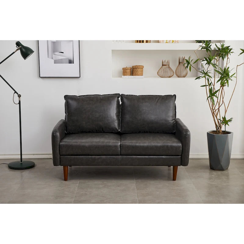 Causeuse en similicuir 58 po | Accoudoirs carrés, pieds en bois massif, coussin en mousse, style contemporain | Brun, gris, noir