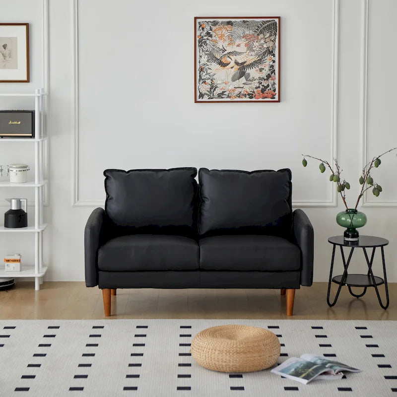 Causeuse en similicuir 58 po | Accoudoirs carrés, pieds en bois massif, coussin en mousse, style contemporain | Brun, gris, noir