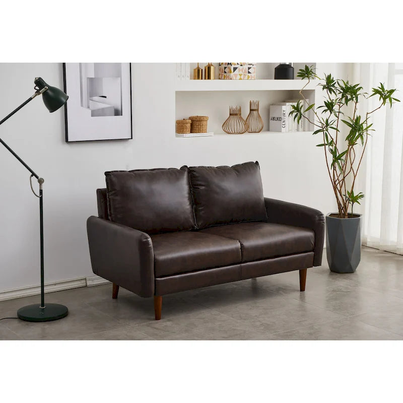 Causeuse en similicuir 58 po | Accoudoirs carrés, pieds en bois massif, coussin en mousse, style contemporain | Brun, gris, noir