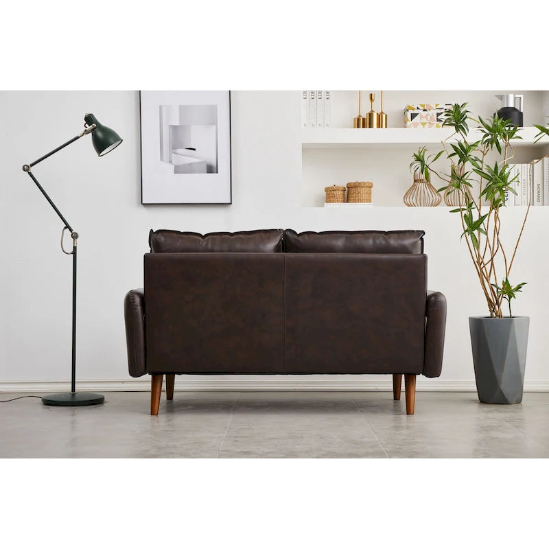 Causeuse en similicuir 58 po | Accoudoirs carrés, pieds en bois massif, coussin en mousse, style contemporain | Brun, gris, noir