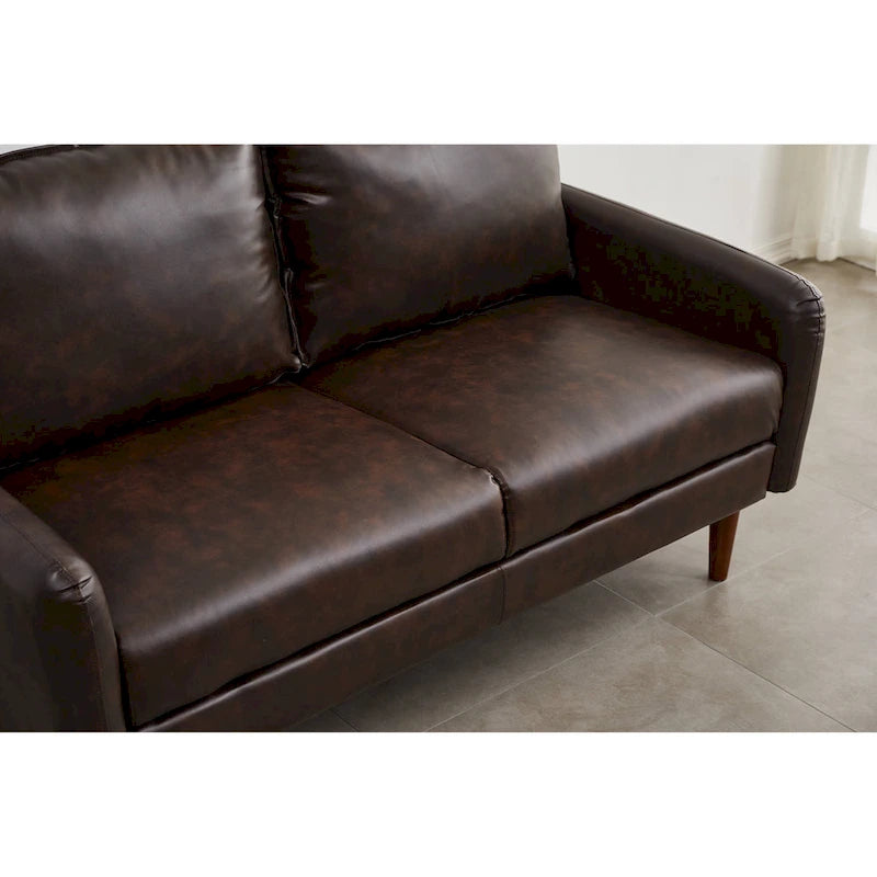 Causeuse en similicuir 58 po | Accoudoirs carrés, pieds en bois massif, coussin en mousse, style contemporain | Brun, gris, noir