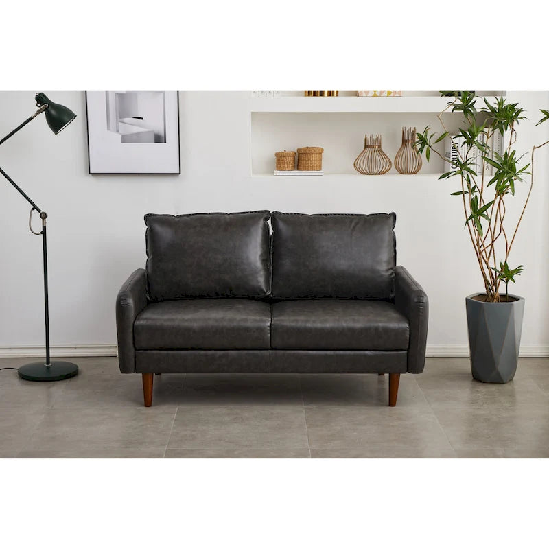 Causeuse en similicuir 58 po | Accoudoirs carrés, pieds en bois massif, coussin en mousse, style contemporain | Brun, gris, noir