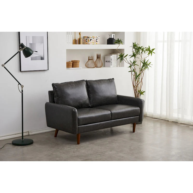 Causeuse en similicuir 58 po | Accoudoirs carrés, pieds en bois massif, coussin en mousse, style contemporain | Brun, gris, noir
