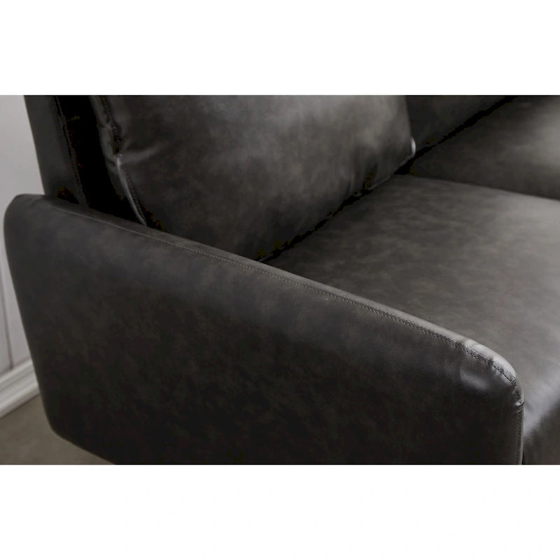 Causeuse en similicuir 58 po | Accoudoirs carrés, pieds en bois massif, coussin en mousse, style contemporain | Brun, gris, noir