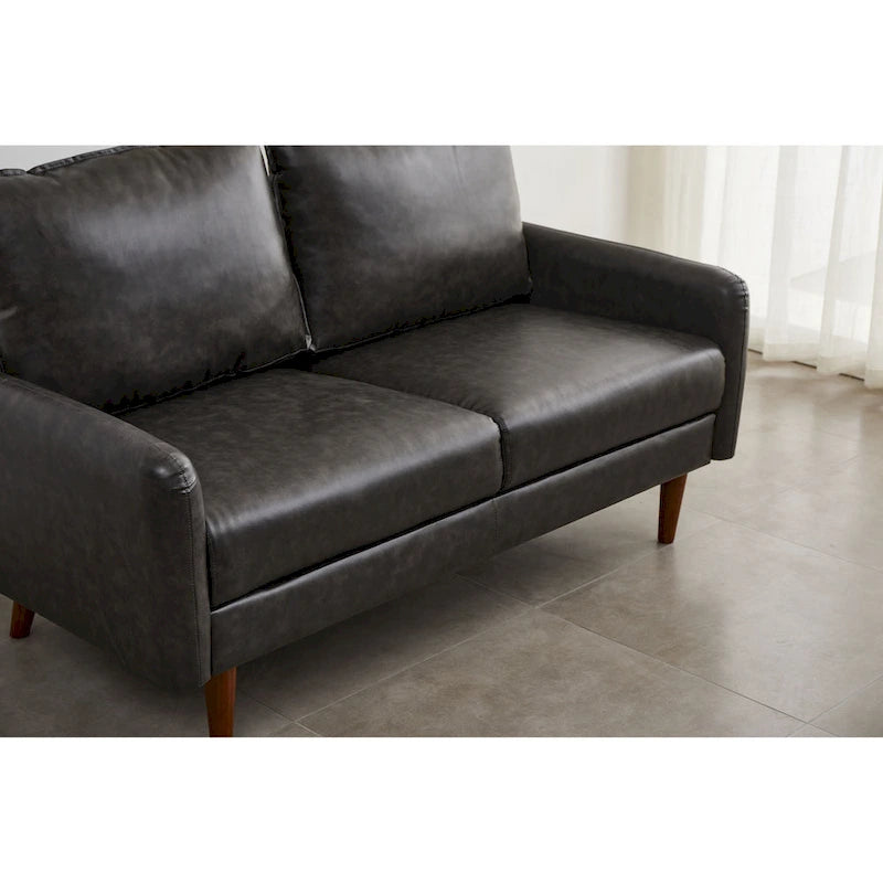 Causeuse en similicuir 58 po | Accoudoirs carrés, pieds en bois massif, coussin en mousse, style contemporain | Brun, gris, noir