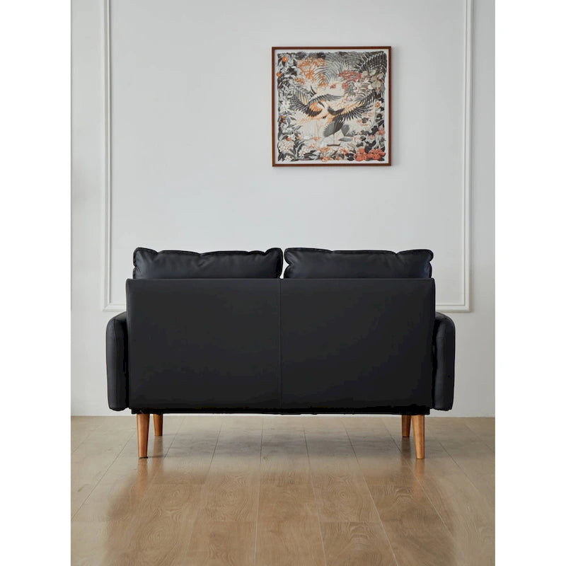 Causeuse en similicuir 58 po | Accoudoirs carrés, pieds en bois massif, coussin en mousse, style contemporain | Brun, gris, noir