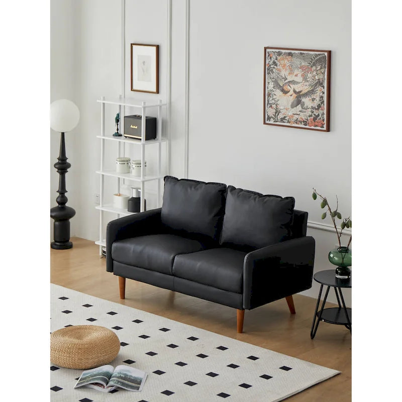 Causeuse en similicuir 58 po | Accoudoirs carrés, pieds en bois massif, coussin en mousse, style contemporain | Brun, gris, noir