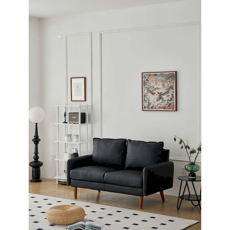 Causeuse en similicuir 58 po | Accoudoirs carrés, pieds en bois massif, coussin en mousse, style contemporain | Brun, gris, noir