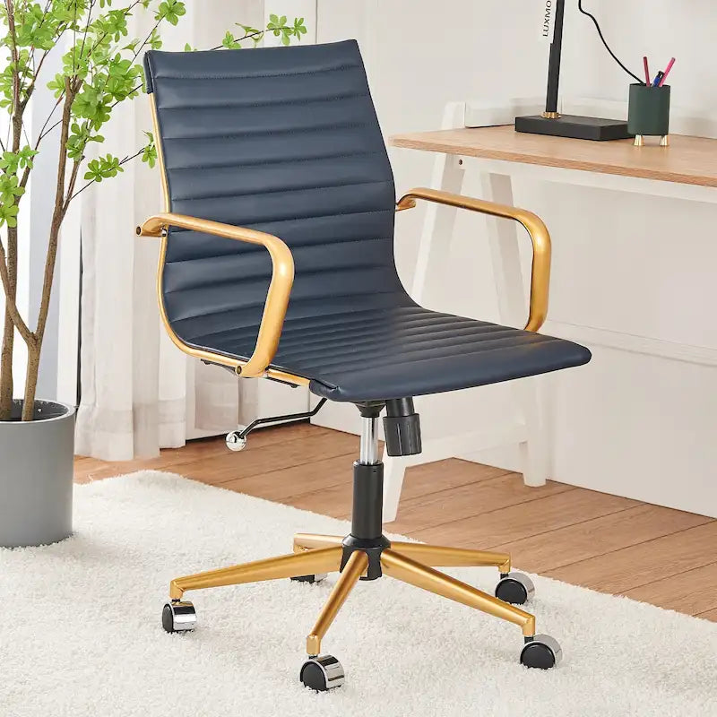 Chaise de bureau de direction nervurée, cuir végétalien, accents dorés, hauteur réglable, 145 kg, 9 couleurs