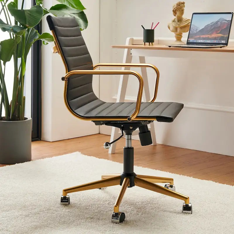 Chaise de bureau de direction nervurée, cuir végétalien, accents dorés, hauteur réglable, 145 kg, 9 couleurs
