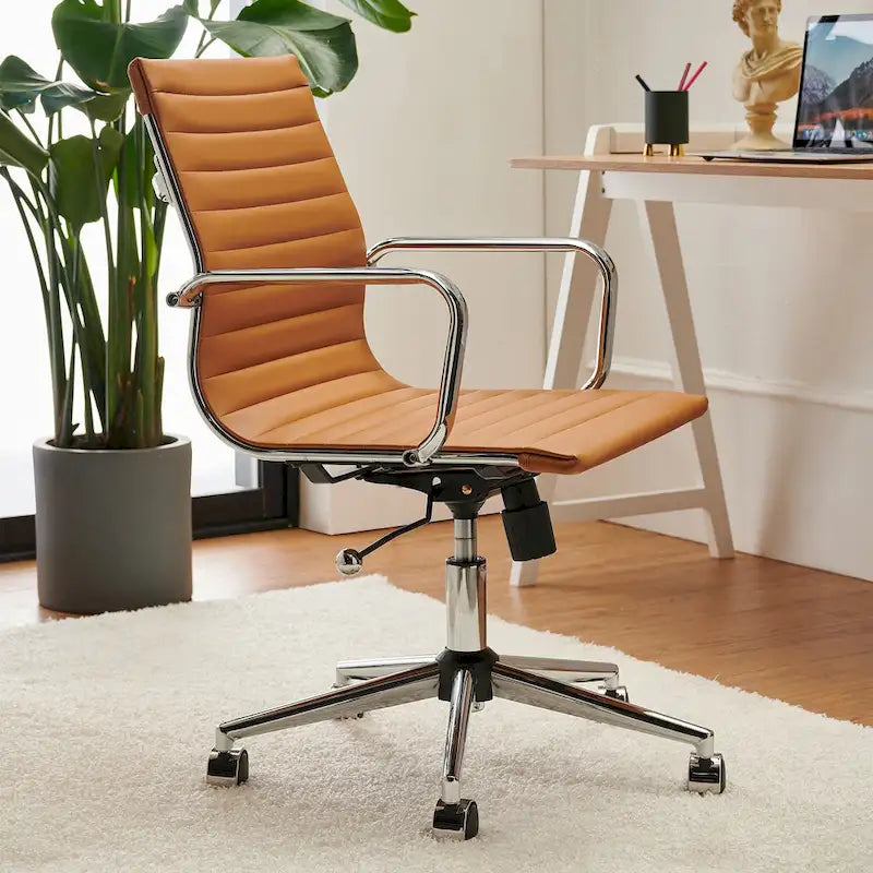 Chaise de bureau de direction nervurée, cuir végétalien, accents dorés, hauteur réglable, 145 kg, 9 couleurs