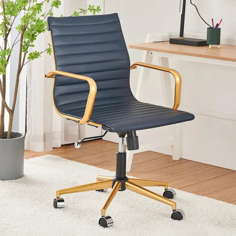 Chaise de bureau de direction nervurée, cuir végétalien, accents dorés, hauteur réglable, 145 kg, 9 couleurs