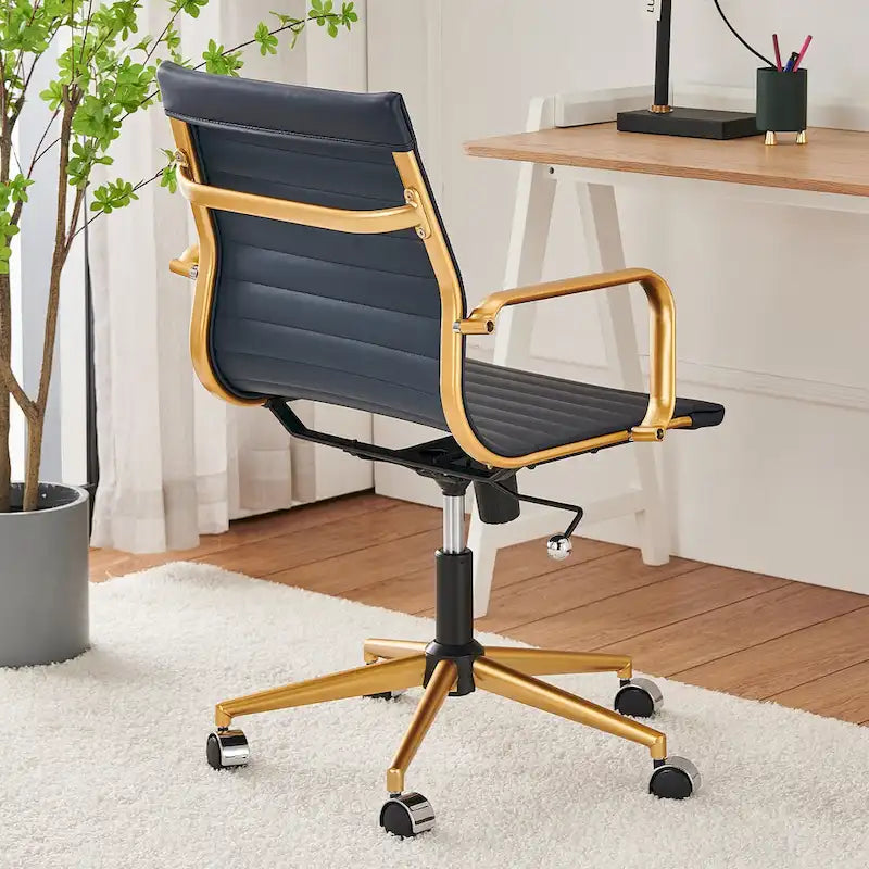 Chaise de bureau de direction nervurée, cuir végétalien, accents dorés, hauteur réglable, 145 kg, 9 couleurs