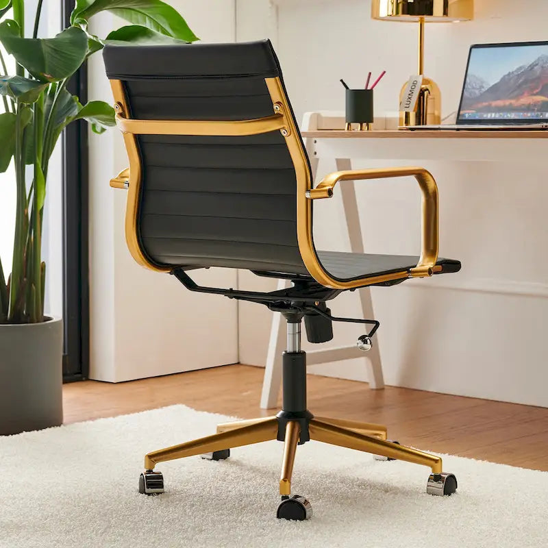 Chaise de bureau de direction nervurée, cuir végétalien, accents dorés, hauteur réglable, 145 kg, 9 couleurs