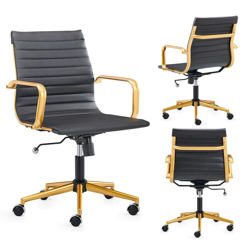Chaise de bureau de direction nervurée, cuir végétalien, accents dorés, hauteur réglable, 145 kg, 9 couleurs