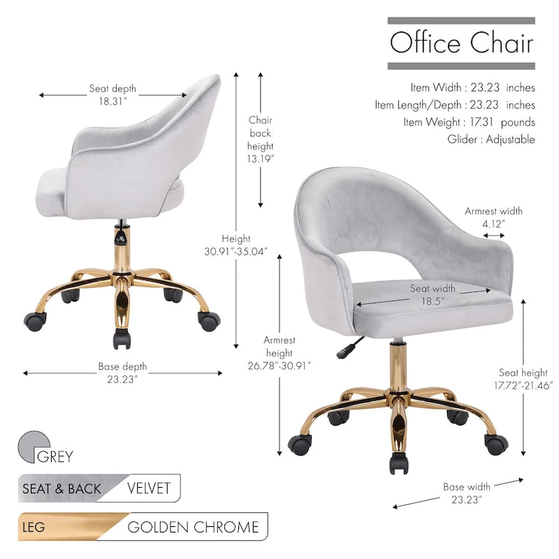 Chaise de bureau pivotante en velours avec pieds dorés chromés, pivotante à 360°, hauteur réglable, capacité de 120 kg, aqua/gris/rose/vert