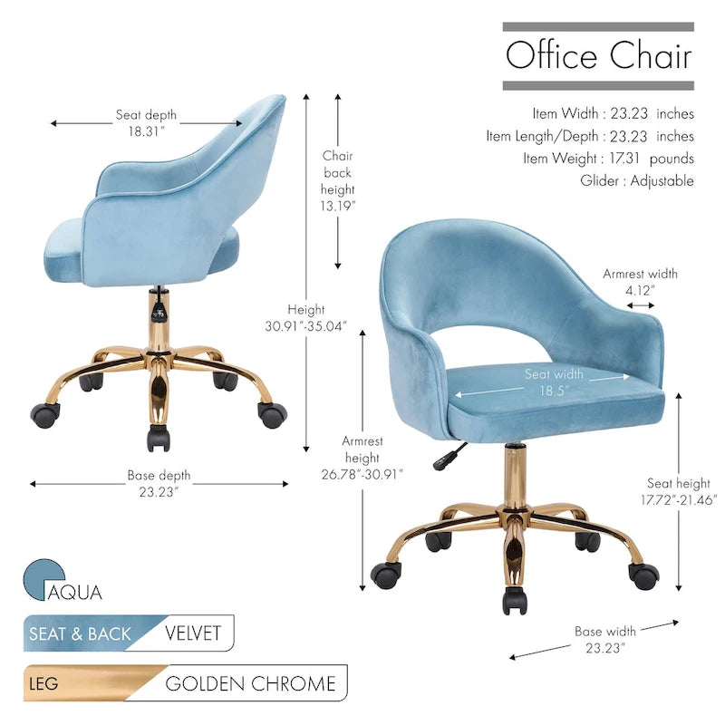 Chaise de bureau pivotante en velours avec pieds dorés chromés, pivotante à 360°, hauteur réglable, capacité de 120 kg, aqua/gris/rose/vert