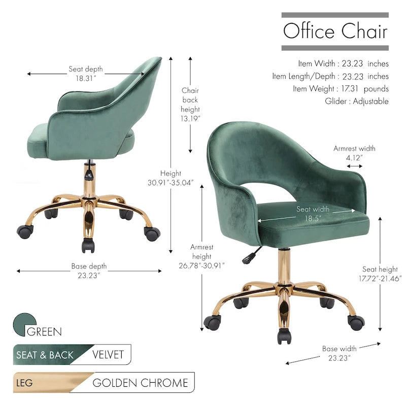 Chaise de bureau pivotante en velours avec pieds dorés chromés, pivotante à 360°, hauteur réglable, capacité de 120 kg, aqua/gris/rose/vert