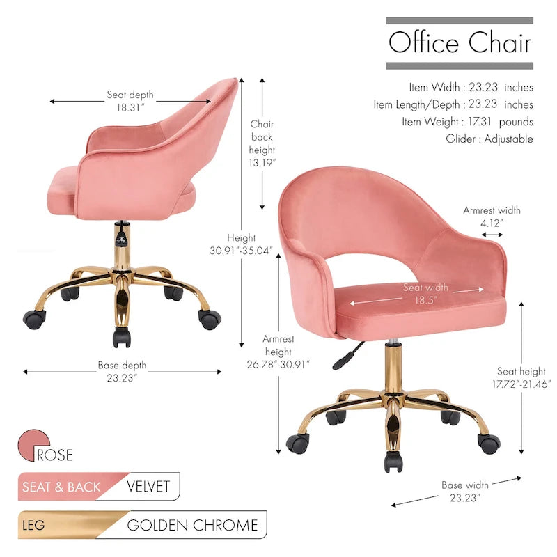 Chaise de bureau pivotante en velours avec pieds dorés chromés, pivotante à 360°, hauteur réglable, capacité de 120 kg, aqua/gris/rose/vert