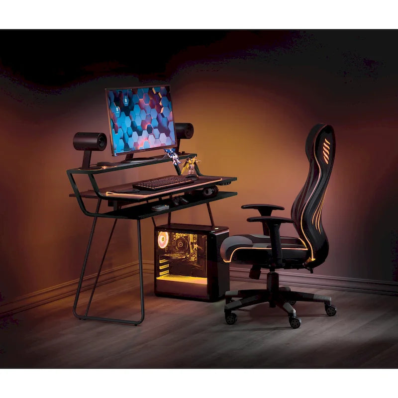Bureau de jeu de 47,8 pouces pour deux écrans avec lumières LED Bluetooth, hub USB, gestion des câbles, étagère d'accessoires Bleu Noir Rouge