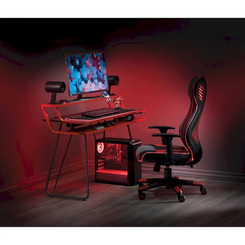 Bureau de jeu de 47,8 pouces pour deux écrans avec lumières LED Bluetooth, hub USB, gestion des câbles, étagère d'accessoires Bleu Noir Rouge