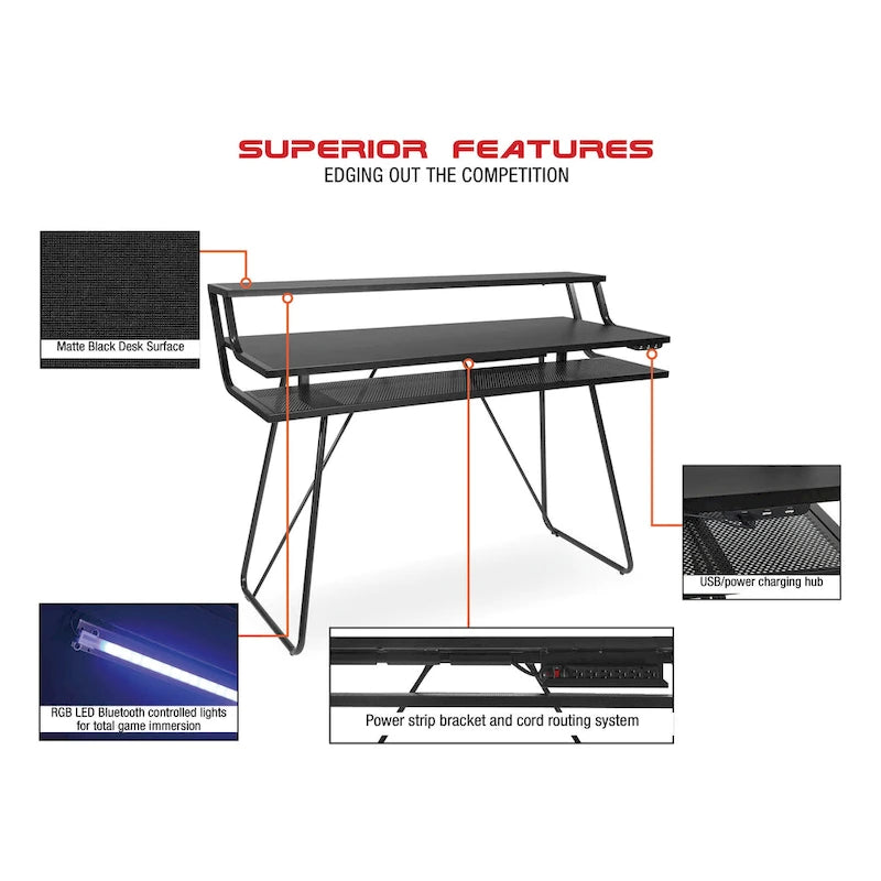 Bureau de jeu de 47,8 pouces pour deux écrans avec lumières LED Bluetooth, hub USB, gestion des câbles, étagère d'accessoires Bleu Noir Rouge