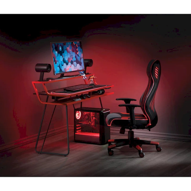 Bureau de jeu de 47,8 pouces pour deux écrans avec lumières LED Bluetooth, hub USB, gestion des câbles, étagère d'accessoires Bleu Noir Rouge