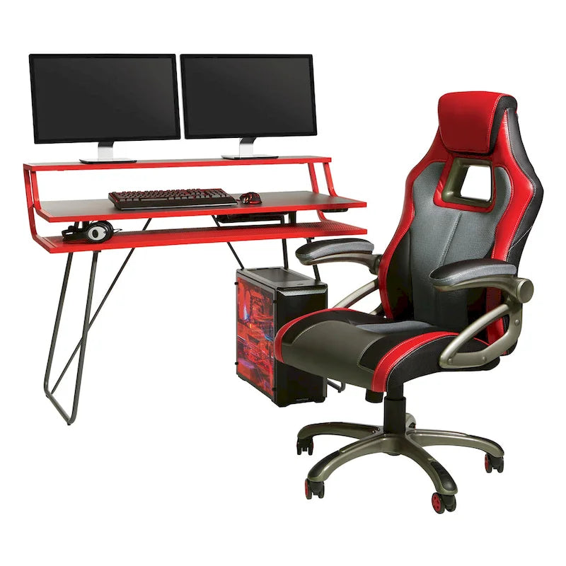Bureau de jeu de 47,8 pouces pour deux écrans avec lumières LED Bluetooth, hub USB, gestion des câbles, étagère d'accessoires Bleu Noir Rouge