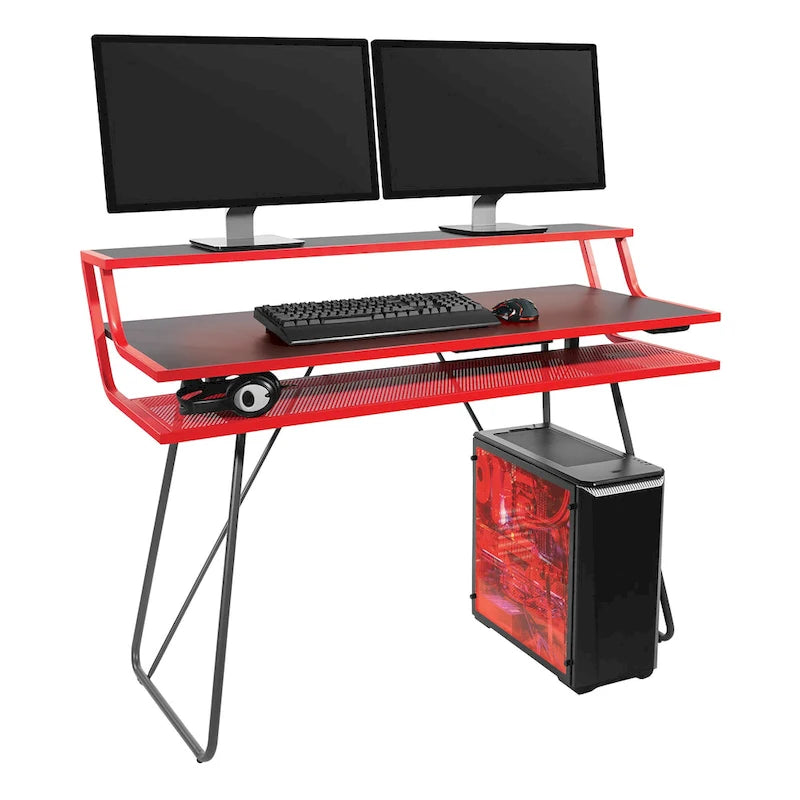 Bureau de jeu de 47,8 pouces pour deux écrans avec lumières LED Bluetooth, hub USB, gestion des câbles, étagère d'accessoires Bleu Noir Rouge