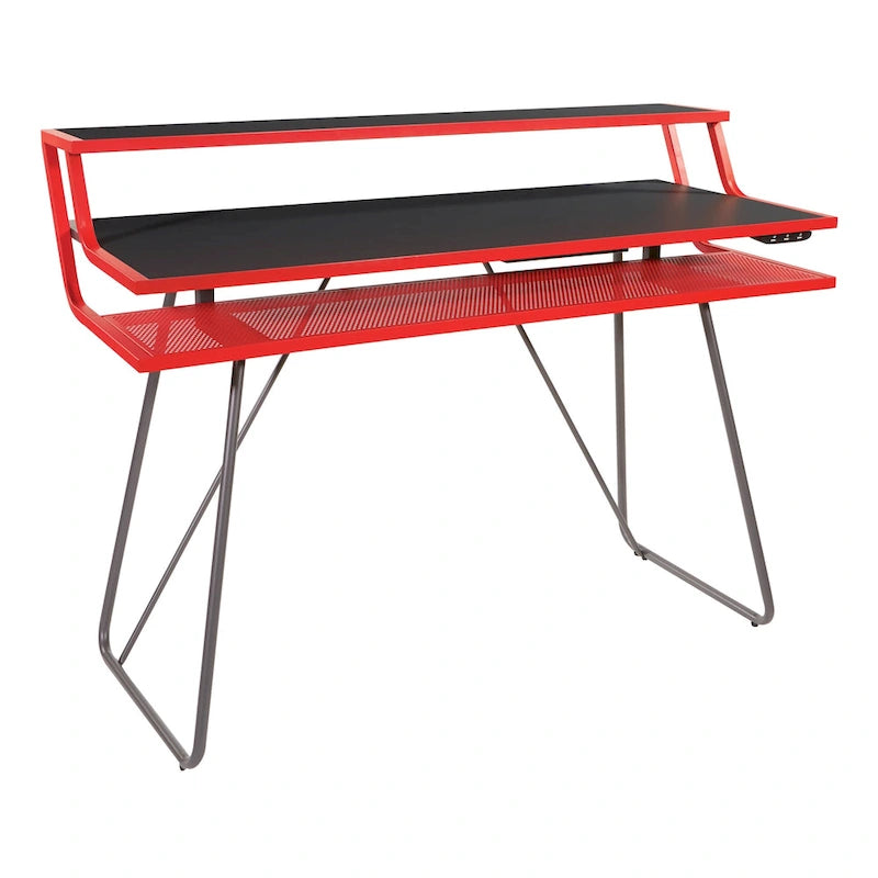 Bureau de jeu de 47,8 pouces pour deux écrans avec lumières LED Bluetooth, hub USB, gestion des câbles, étagère d'accessoires Bleu Noir Rouge