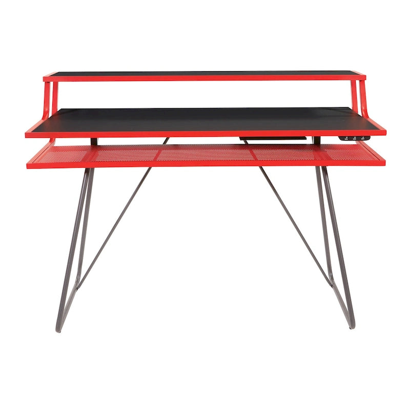 Bureau de jeu de 47,8 pouces pour deux écrans avec lumières LED Bluetooth, hub USB, gestion des câbles, étagère d'accessoires Bleu Noir Rouge