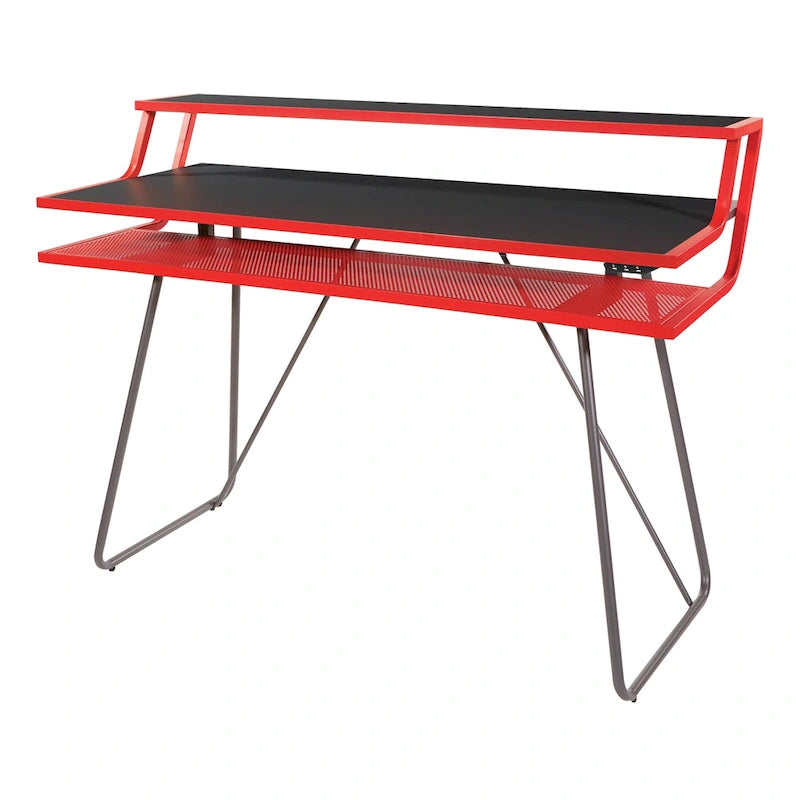 Bureau de jeu de 47,8 pouces pour deux écrans avec lumières LED Bluetooth, hub USB, gestion des câbles, étagère d'accessoires Bleu Noir Rouge