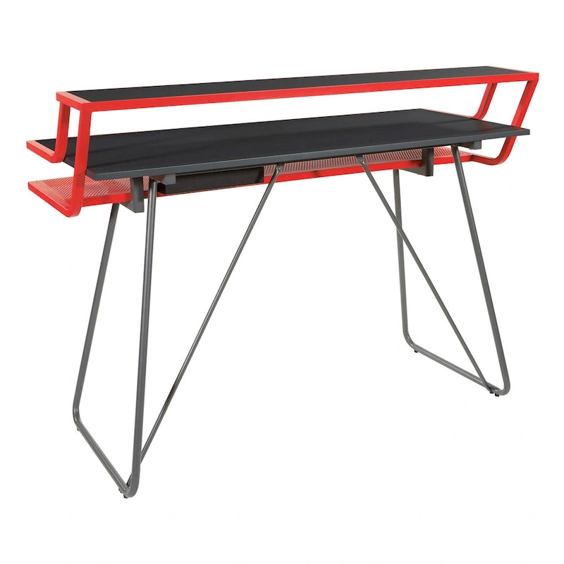 Bureau de jeu de 47,8 pouces pour deux écrans avec lumières LED Bluetooth, hub USB, gestion des câbles, étagère d'accessoires Bleu Noir Rouge