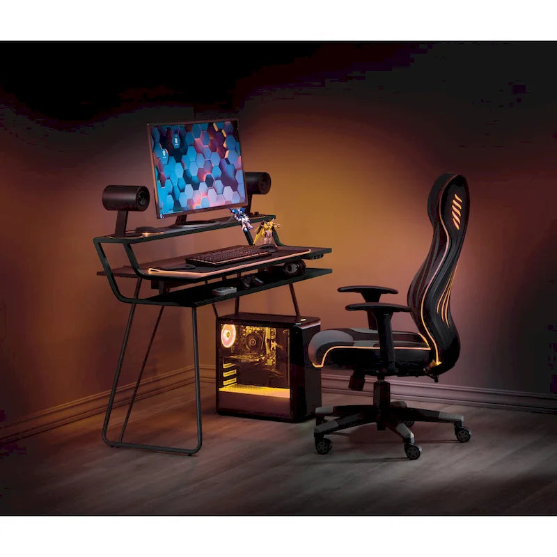 Bureau de jeu de 47,8 pouces pour deux écrans avec lumières LED Bluetooth, hub USB, gestion des câbles, étagère d'accessoires Bleu Noir Rouge