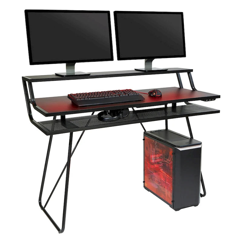 Bureau de jeu de 47,8 pouces pour deux écrans avec lumières LED Bluetooth, hub USB, gestion des câbles, étagère d'accessoires Bleu Noir Rouge