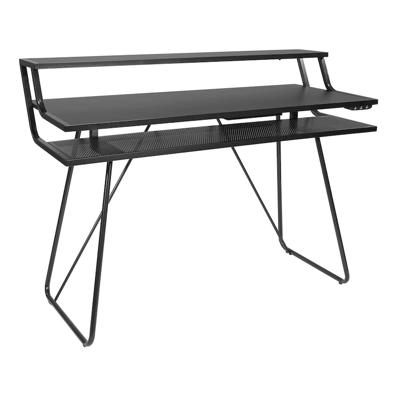 Bureau de jeu de 47,8 pouces pour deux écrans avec lumières LED Bluetooth, hub USB, gestion des câbles, étagère d'accessoires Bleu Noir Rouge