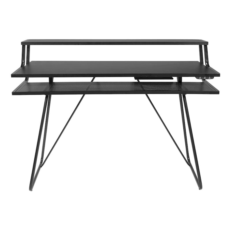 Bureau de jeu de 47,8 pouces pour deux écrans avec lumières LED Bluetooth, hub USB, gestion des câbles, étagère d'accessoires Bleu Noir Rouge