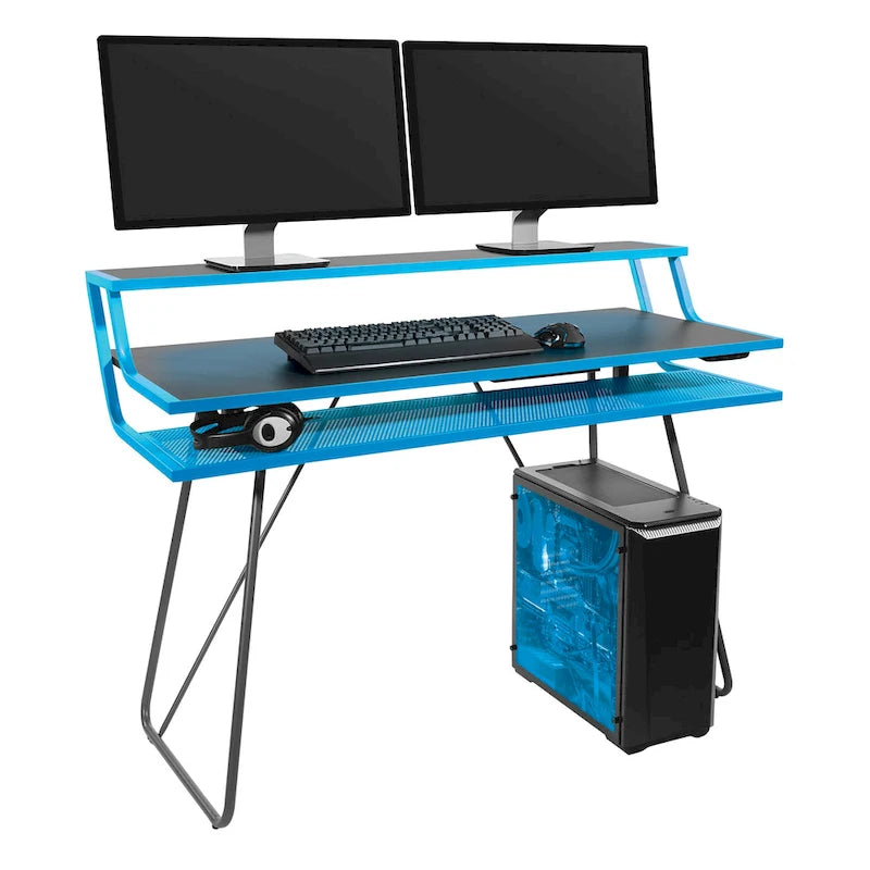 Bureau de jeu de 47,8 pouces pour deux écrans avec lumières LED Bluetooth, hub USB, gestion des câbles, étagère d'accessoires Bleu Noir Rouge