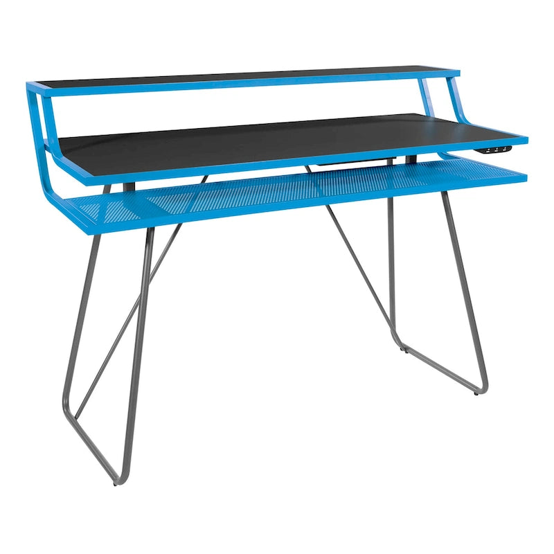 Bureau de jeu de 47,8 pouces pour deux écrans avec lumières LED Bluetooth, hub USB, gestion des câbles, étagère d'accessoires Bleu Noir Rouge